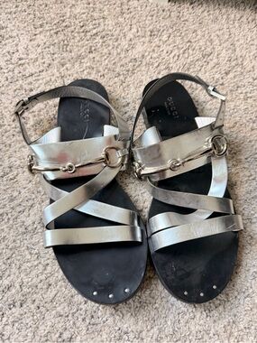Gucci Metallic Silver Leather Horsebit Strappy Sandals - Women